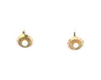 9K 1960's Pearl Squared Round Dangle Lever Back Earrings Yellow Gold