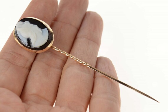 14K Carved Black Agate Cameo Oval Ornate Stick Pi… - image 5