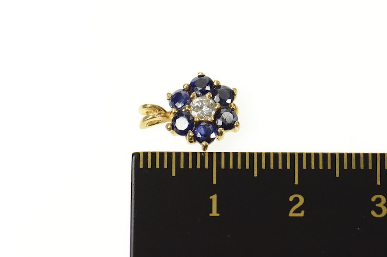 14K Diamond Sapphire Flower Halo Cluster Classic Pendant Yellow Gold