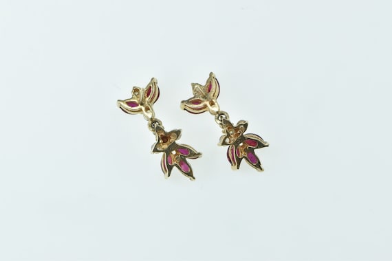 10K Marquise Ruby Flower Vintage Dangle Earrings … - image 2