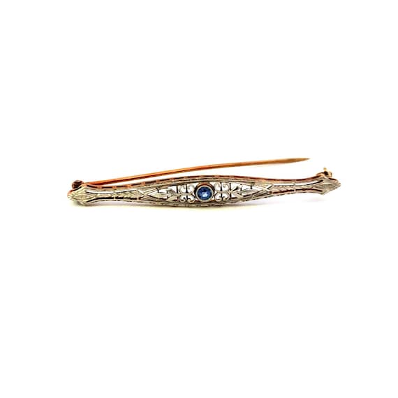 14K Art Deco Sim. Sapphire Filigree Ornate Bar Pin