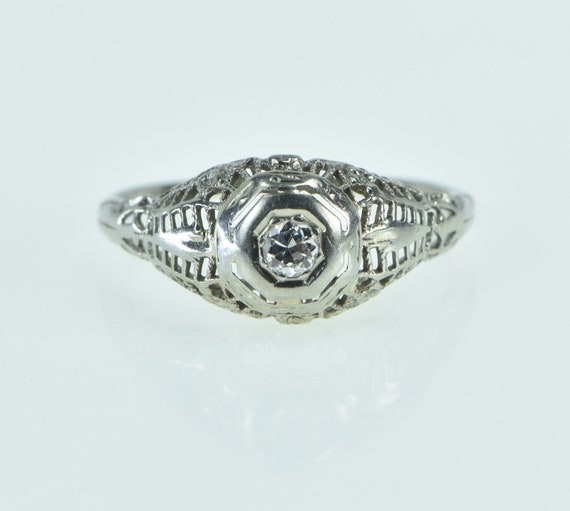 18K Art Deco Filigree Diamond Engagement Ring Siz… - image 1