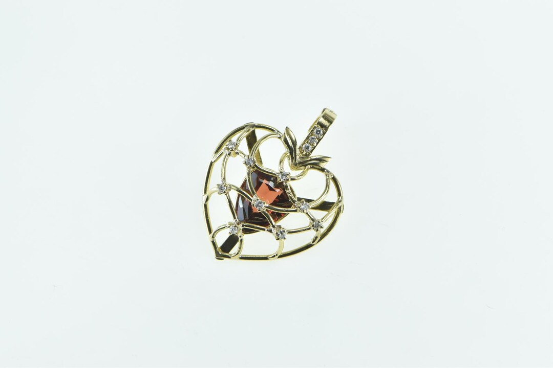 14K Vintage Pear Diamond Caged Heart Love Pendant Yellow Gold