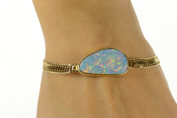 14K Ornate Oval Natural Opal Squared Chain Bracel… - image 5