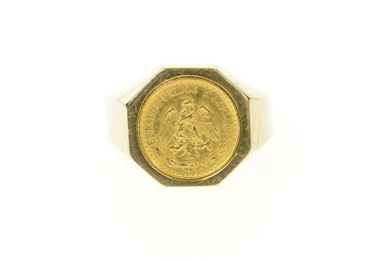 14K Mexican Gold Coin Squared Statement Ring Size