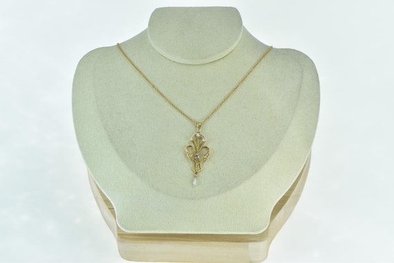 14K Victorian Diamond Seed Pearl Ornate Drop Pend… - image 5
