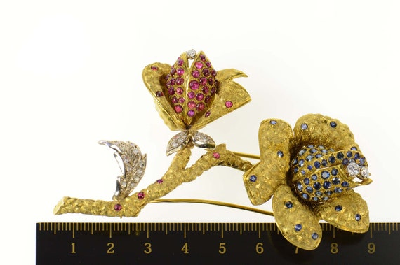 18K 1960's Pave Sapphire Ruby Diamond Flower Pin/… - image 4