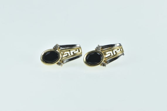 10K Oval Black Onyx Diamond Two Tone Earrings Yel… - image 1