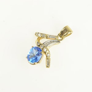 14K Oval Blue Topaz Diamond Freeform Pendant Yellow Gold