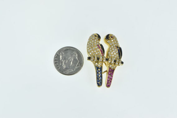 18K 2.50 Ctw Pave Diamond Sapphire Parrots Pin/Br… - image 5