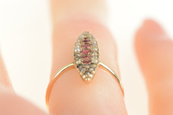 14K Victorian Ruby Seed Pearl Navette Ring Size 3… - image 6