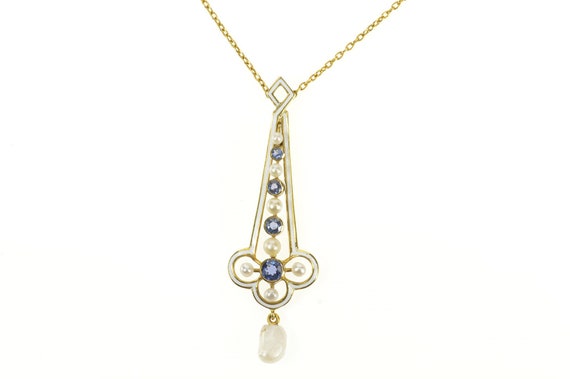 14K Victorian Sapphire Pearl Enamel Drop Necklace… - image 1