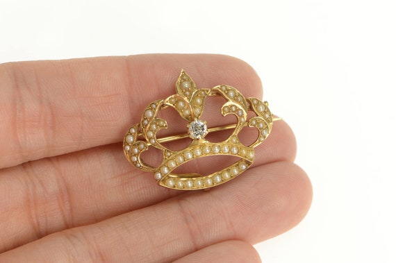 14K Victorian Diamond Seed Pearl Crown Pin/Brooch… - image 6