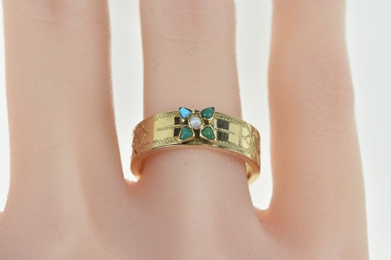 14K Victorian Seed Pearl Turquoise Flower Ring Si… - image 5