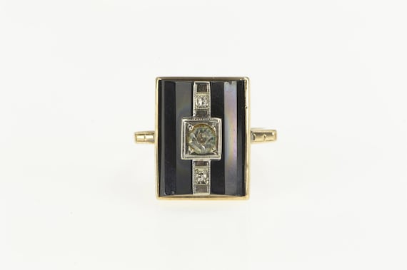 10K 1950's Black Onyx CZ Diamond Statement Ring S… - image 1