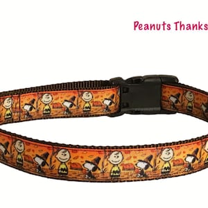 Könnte beinhalten: Ein braunes Hundehalsband mit einem bunten Muster mit Peanuts-Charakteren im Thanksgiving-Thema. Das Halsband hat eine schwarze Kunststoffschnalle und einen silbernen D-Ring.