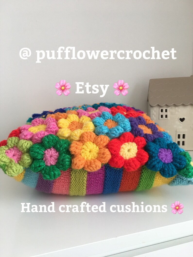 Crochet Cushion Puff Flower Cushion Wool Cushion Hippie Etsy