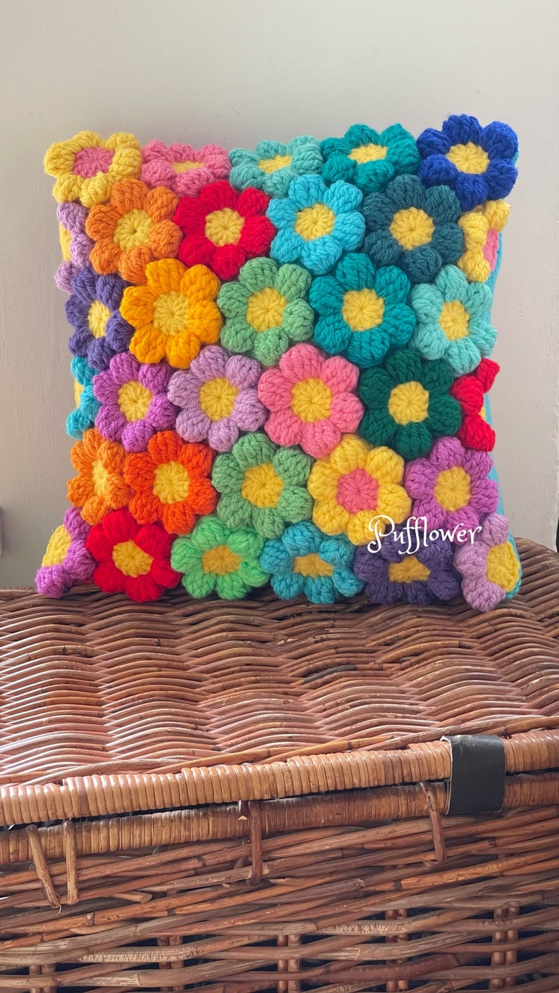 Crochet Cushion Puff Flower Cushion Wool Cushion Hippie Etsy