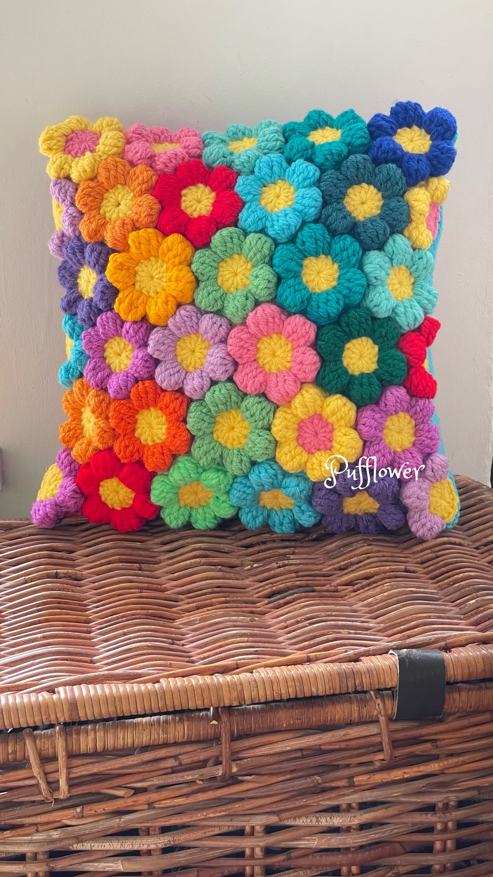 Crochet Cushion Puff Flower Cushion Wool Cushion Hippie Etsy UK