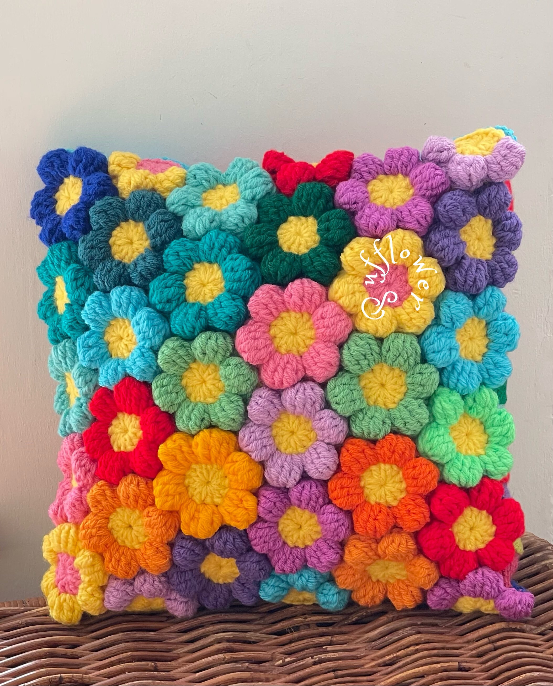 Crochet Cushion Puff Flower Cushion Wool Cushion Hippie Etsy UK