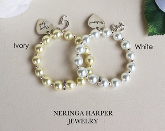 Ivory Bracelet-Pink Initial Bracelet-White Flower Girl Bracelet-Flower Girl Bracelet-Flower Girl Gift-Girl Jewelry-Rhinestone Pearl Bracelet