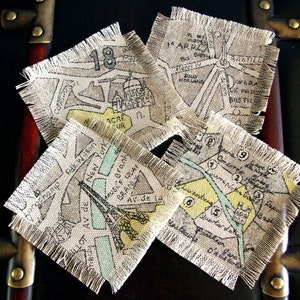 Porta-copos com mapa de Paris para mesa de centro, Porta-copos para bebidas, Presente de inauguração de casa, Presente de Natal, Linho, Torre Eiffel, Vintage, Presente para ela, Conjunto de 4