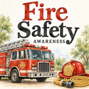 May include: A watercolor illustration featuring a red fire truck with a ladder, a red fire helmet with a gold emblem, and a coiled yellow fire hose. The text "Fire Safety AWARENESS" is printed in large red and black letters above the truck.
