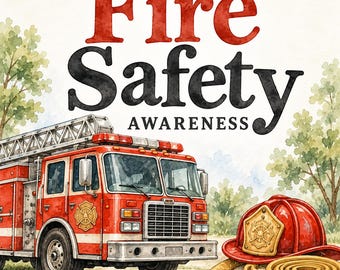 Puede incluir: Una ilustración en acuarela que muestra un camión de bomberos rojo con escalera, un casco de bombero rojo con emblema dorado y una manguera amarilla enrollada. El texto "Fire Safety AWARENESS" aparece en letras rojas y negras.