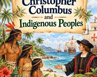 Puede incluir: Una ilustración histórica con el texto "Christopher Columbus and Indigenous Peoples" en un pergamino. Muestra a un grupo de personas indígenas en una playa y a Cristóbal Colón frente a ellos, con barcos de vela en el mar.