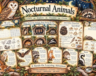 Puede incluir: Un conjunto de actividades educativas sobre animales nocturnos con hojas de trabajo ilustradas, páginas de datos y una guía de disección de egagrópilas. El diseño incluye imágenes de animales y encabezados de texto.