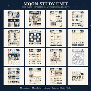 Puede incluir: Un conjunto educativo Moon Study Unit con diecis&eacute;is p&aacute;ginas de informaci&oacute;n, hojas de trabajo y proyectos. Las p&aacute;ginas incluyen ilustraciones de la luna, astronautas, viajes espaciales y actividades matem&aacute;ticas con etiquetas como Moon Facts.