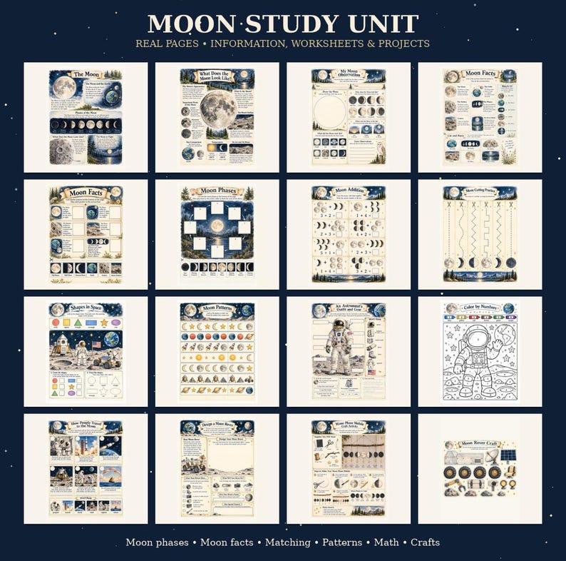 Puede incluir: Un conjunto educativo Moon Study Unit con diecis&eacute;is p&aacute;ginas de informaci&oacute;n, hojas de trabajo y proyectos. Las p&aacute;ginas incluyen ilustraciones de la luna, astronautas, viajes espaciales y actividades matem&aacute;ticas con etiquetas como Moon Facts.