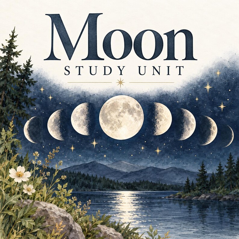 Puede incluir: Una l&aacute;mina educativa Moon Study Unit con un paisaje en acuarela de un lago, monta&ntilde;as y pinos bajo un cielo nocturno. La imagen muestra las fases del ciclo lunar en el centro con estrellas blancas y texto en la parte superior.