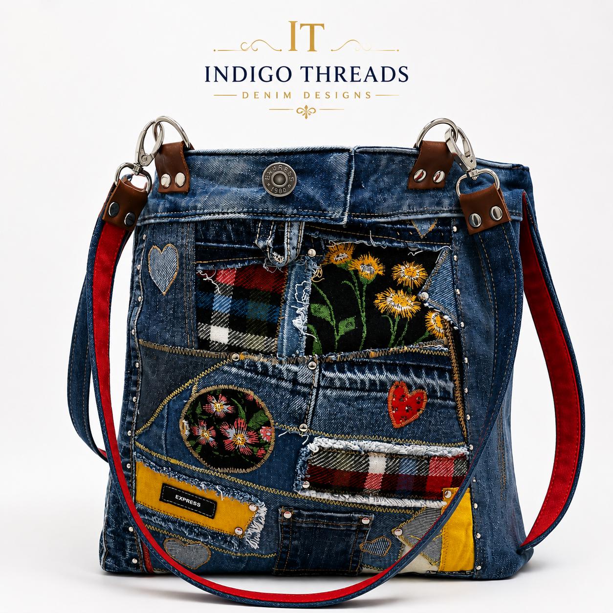 Boho Patchwork Denim Tote Bag-Handmade Upcycled Cotton Jean Purse & Embroidery