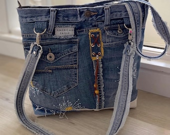 Denim Tote Hand embroidery patchwork shoulder bag-Sashiko inspired one of a kind