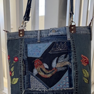 Handmade Upcycled Denim Tote Bag with Beaded Koi Fish – One of a Kind Artistic Shoulder Bag