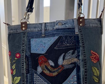 Upcycled Denim Tote Bag: Handmade Beaded Koi Fish Shoulder Bag