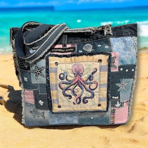 Handmade Upcycled Denim Tote Bag – Ocean Patchwork Tote Bag Embroidered -One Of a Kind
