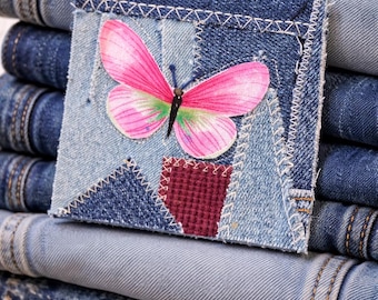 Handmade Denim Patches 4x4, Sew-On Appliqué, Upcycled Patchwork