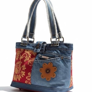 Upcycled Denim Patchwork Shoulder Bag | Leather Bottom Boho Tote Purse