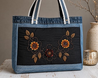 Boho Denim Tote Bag Handmade Upcycled Jean Purse Beaded Floral Shoulder Bag