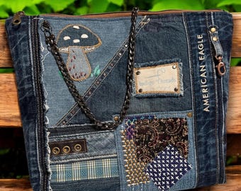 Upcycled Denim Patchwork Tote Bag: Mushroom Embroidery, Chain Strap