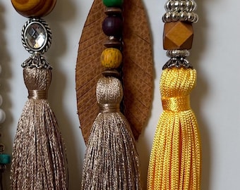 Boho Tassel Bag Charms – Wooden Beads, Silk Tassels, Leather Feather – Keychain or Bag Accessory