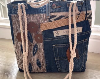 Denim & Textured Knit Upcycled Shoulder Bag | Eco-Friendly, Handmade, One-of-a-Kind Tote bag