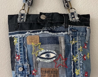 Denim patchwork shoulder bag-tote bag upcycled jeans boho bag