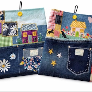 May include: Two denim patchwork pouches with decorative elements. One features a daisy, the other has star appliqués. Both have embroidered house motifs, floral pockets, and a button closure with a black loop.