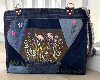 Embroidered Floral Denim Shoulder Bag: Upcycled Patchwork Tote
