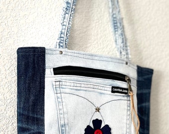 Denim Patchwork & Sachiko hand, embroidery,  Shoulder Bag - Upcycled Jeans