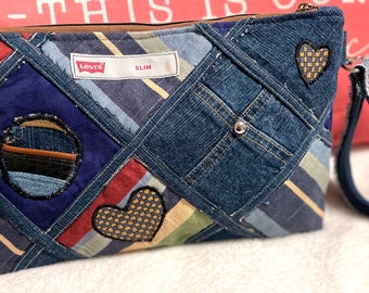 Denim Patchwork Clutch Wristlet: Upcycled Jeans, Boho Chic Bag