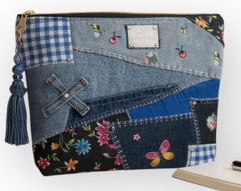 Upcycled Denim Patchwork Handbag, Floral Accents, Sustainable Jean Purse